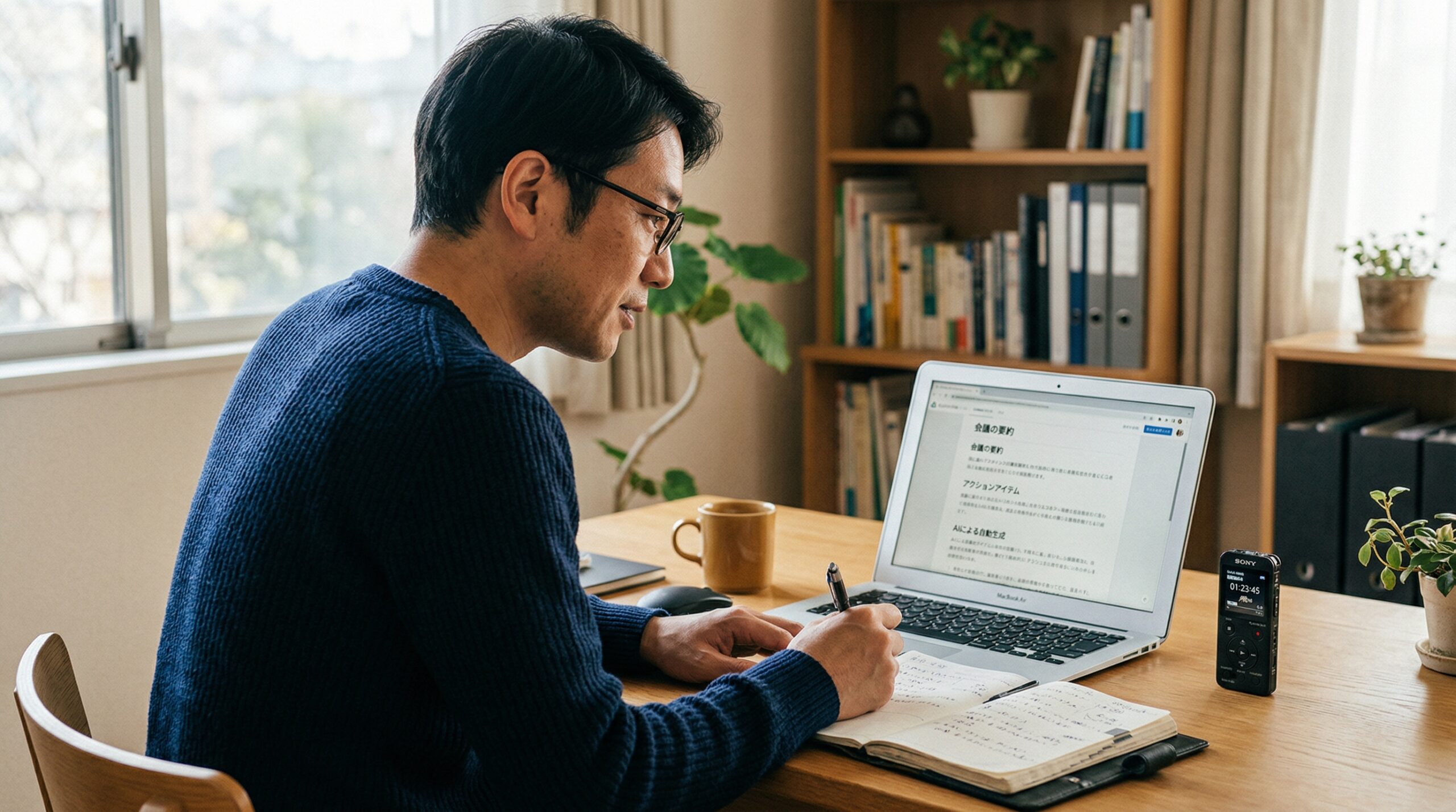会議後にAI文字起こしを見返しているイメージ