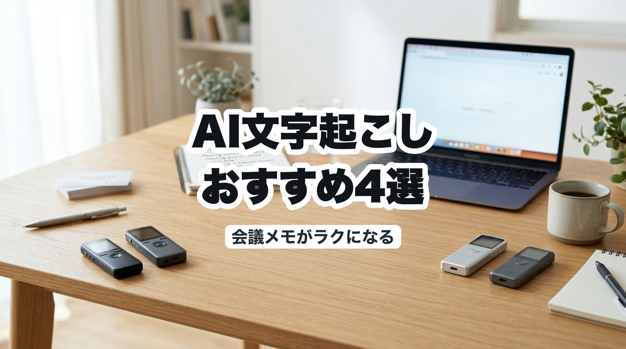 AI文字起こしガジェットおすすめ4選｜会議メモがラクになる初心者向けガイドのタイトル入りアイキャッチ