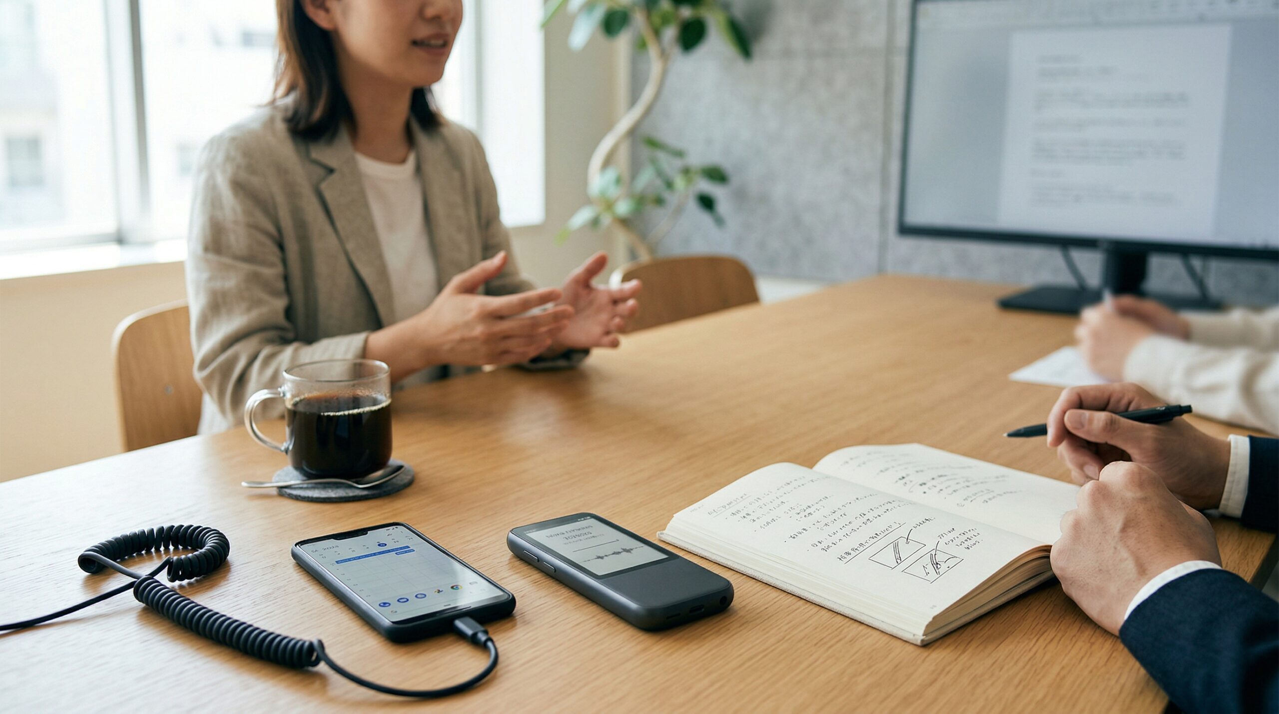 Notta Memoをスマホや手帳と一緒に使っているイメージ